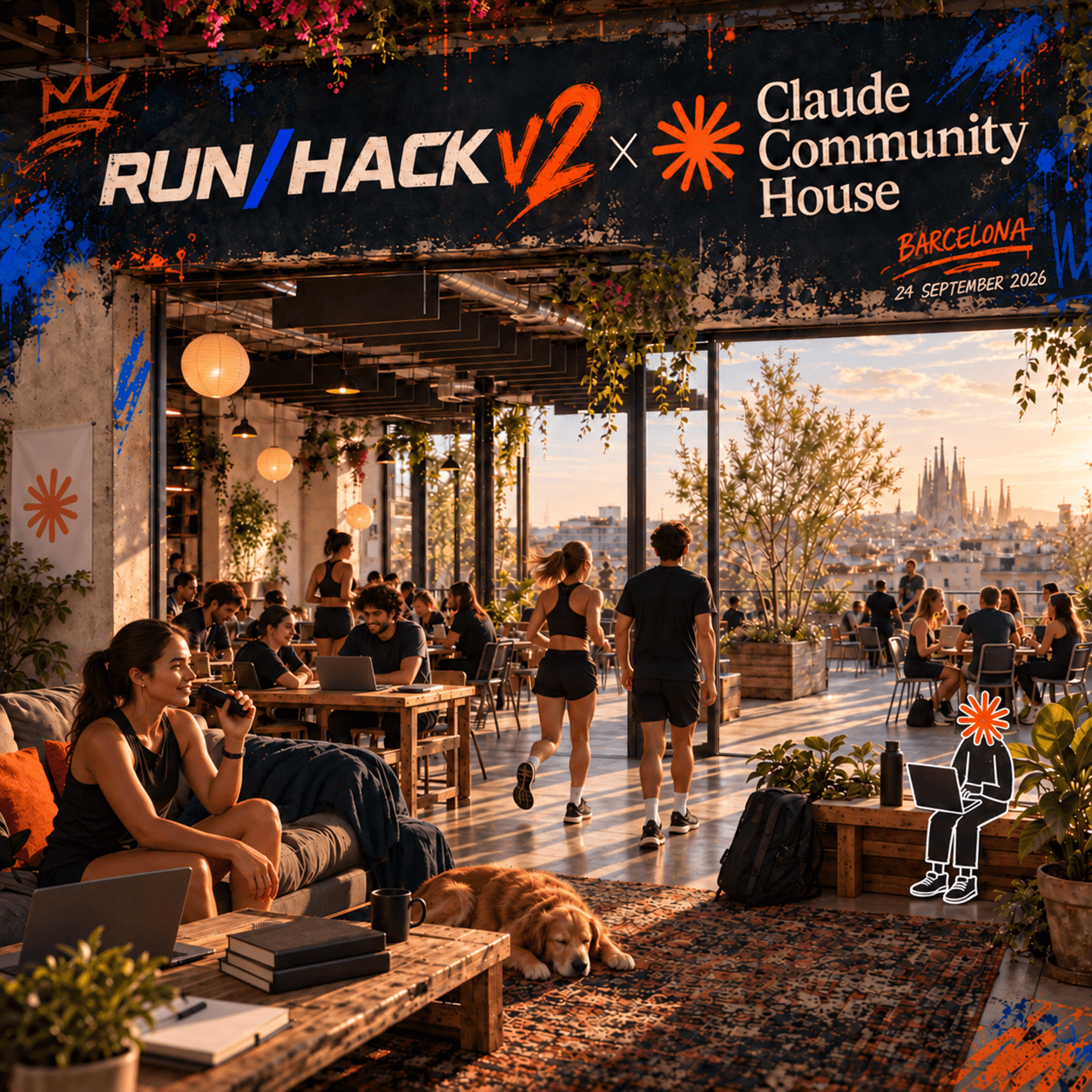 RUN/HACK v2 × Claude Community House visual concept: runners, shared tables and a planted Barcelona rooftop with orange and blue graffiti