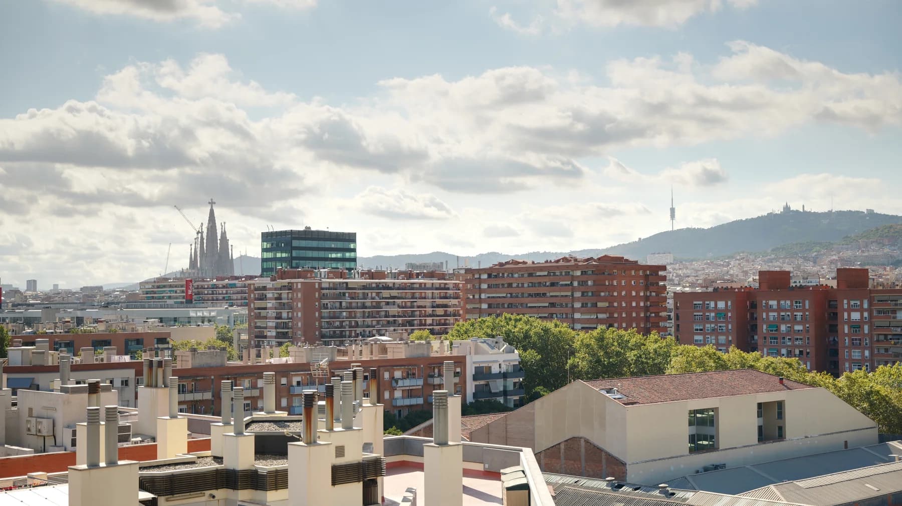 View from the terrace across Barcelona, with the Sagrada Família and hills on the skyline